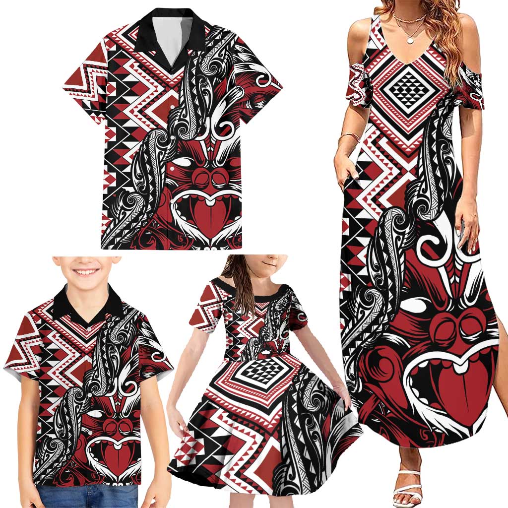 Aotearoa Maori Moko Art with Taniko Half Style Family Matching Summer Maxi Dress and Hawaiian Shirt