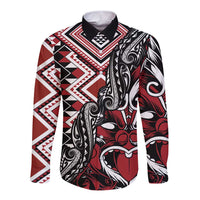 Aotearoa Maori Moko Art with Taniko Half Style Long Sleeve Button Shirt LT03 Unisex Black - Polynesian Pride