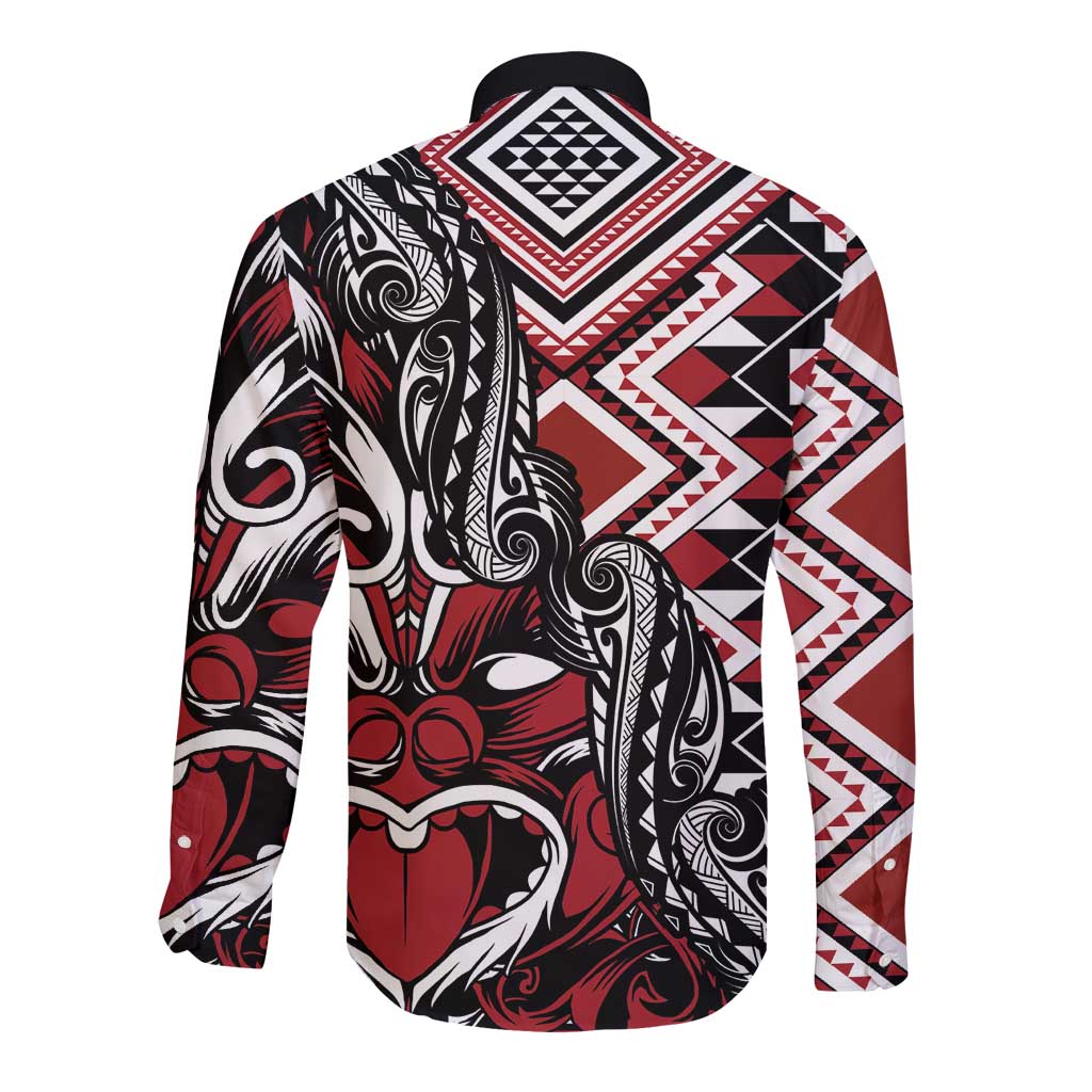 Aotearoa Maori Moko Art with Taniko Half Style Long Sleeve Button Shirt LT03 - Polynesian Pride