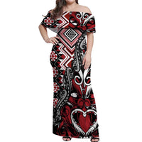 Aotearoa Maori Moko Art with Taniko Half Style Off Shoulder Maxi Dress LT03 Women Black - Polynesian Pride