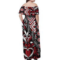 Aotearoa Maori Moko Art with Taniko Half Style Off Shoulder Maxi Dress LT03 - Polynesian Pride