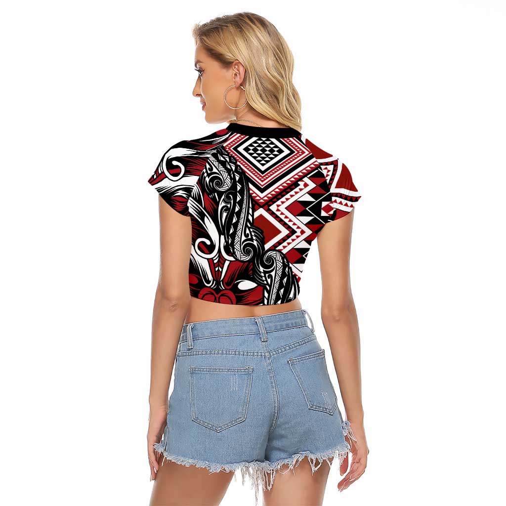Aotearoa Maori Moko Art with Taniko Half Style Raglan Cropped T Shirt LT03 - Polynesian Pride