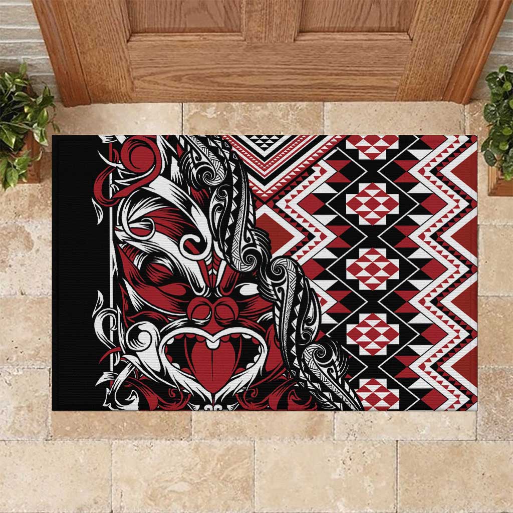 Aotearoa Maori Moko Art with Taniko Half Style Rubber Doormat LT03 Black - Polynesian Pride