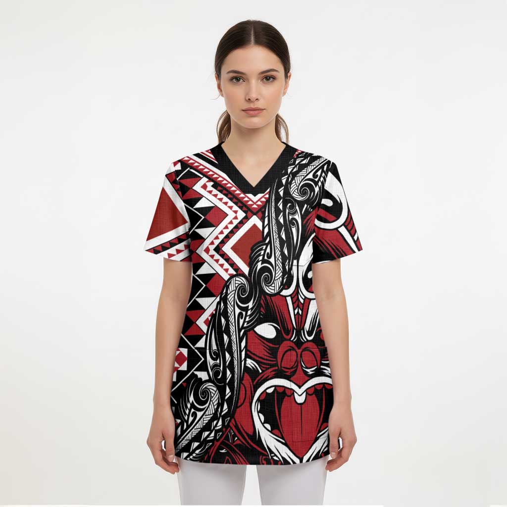 Aotearoa Maori Moko Art with Taniko Half Style Scrub Top - Polynesian Pride