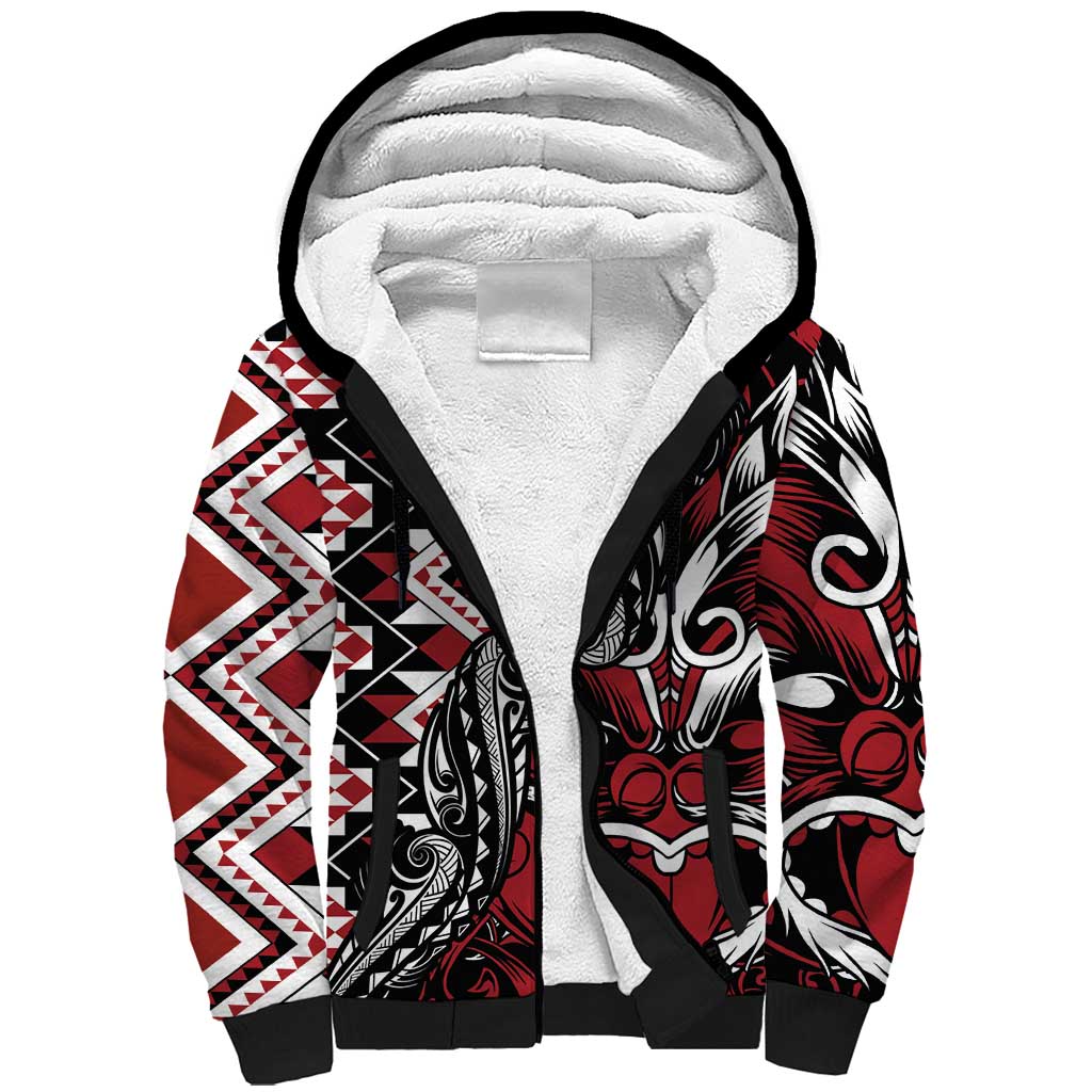 Aotearoa Maori Moko Art with Taniko Half Style Sherpa Hoodie LT03 Unisex Black - Polynesian Pride