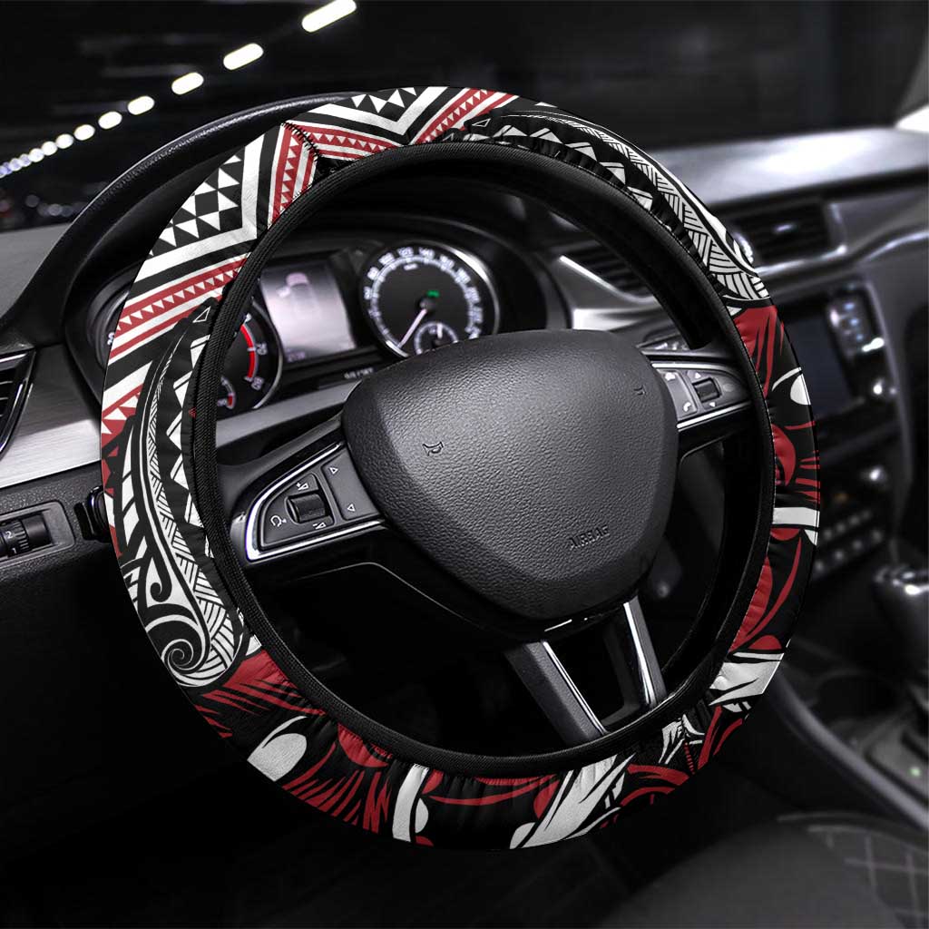 Aotearoa Maori Moko Art with Taniko Half Style Steering Wheel Cover LT03 Universal Fit Black - Polynesian Pride