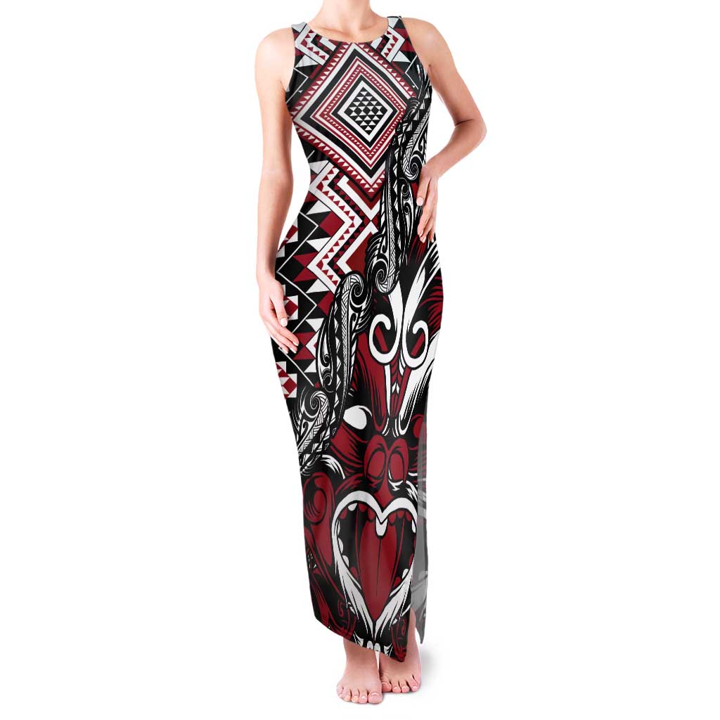 Aotearoa Maori Moko Art with Taniko Half Style Tank Maxi Dress LT03 Women Black - Polynesian Pride