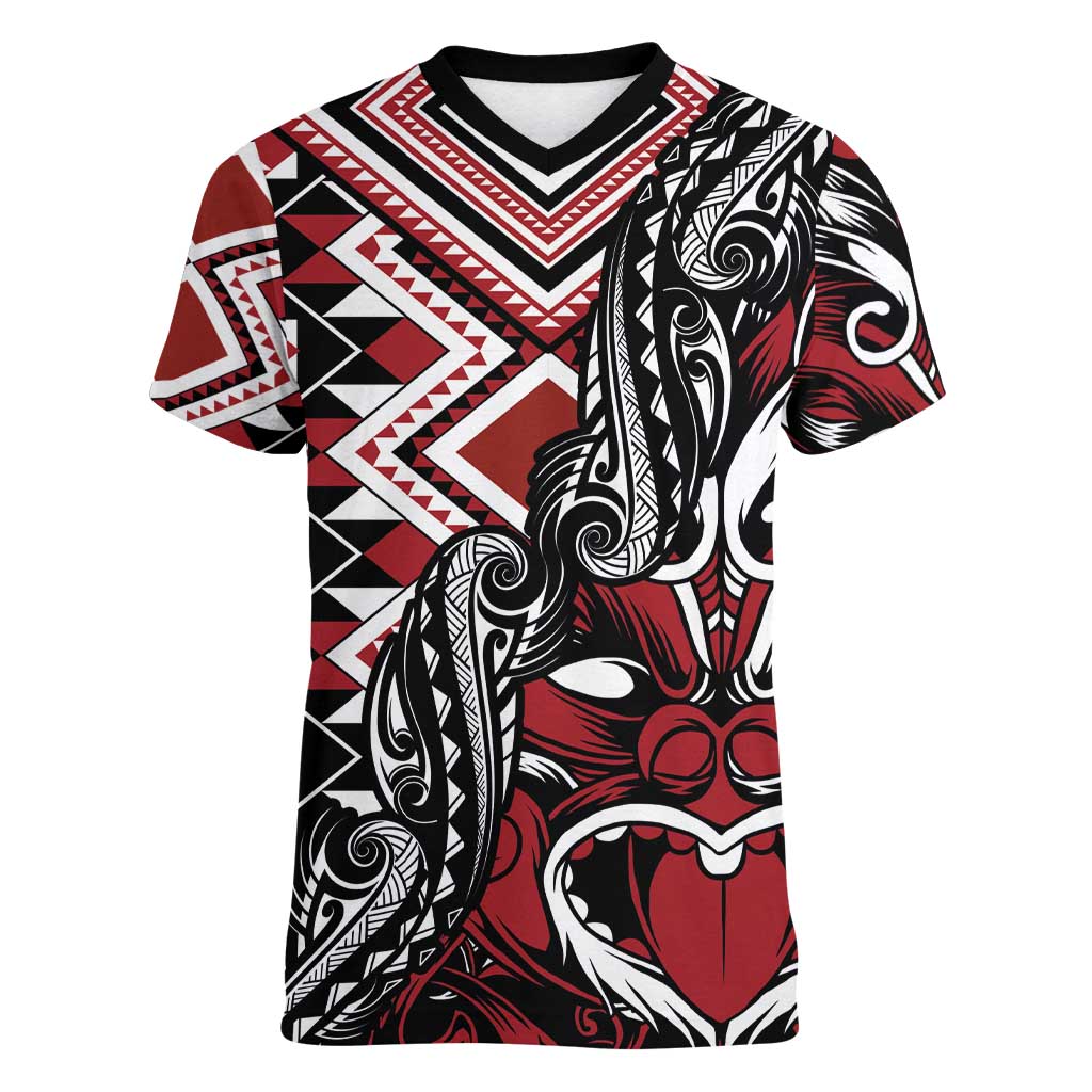 Aotearoa Maori Moko Art with Taniko Half Style Women V-Neck T-Shirt LT03 Female Black - Polynesian Pride