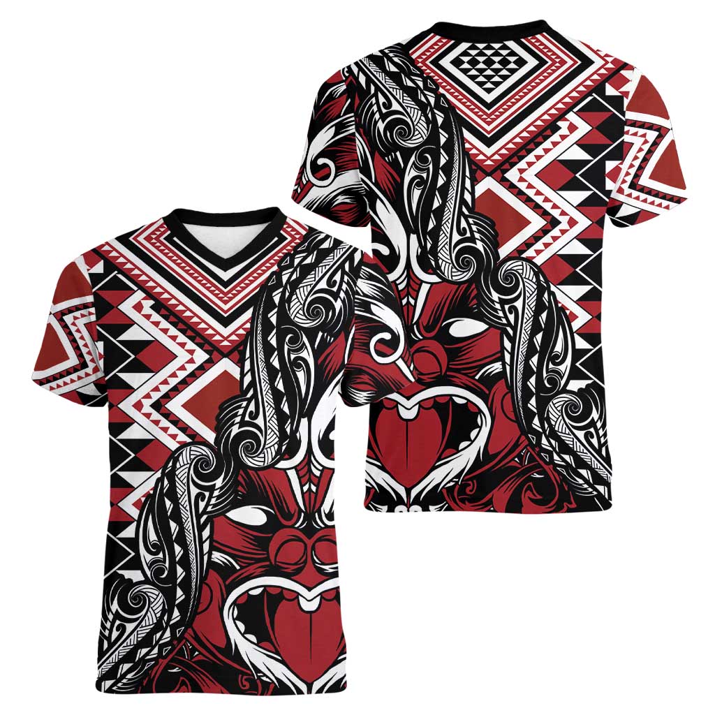 Aotearoa Maori Moko Art with Taniko Half Style Women V-Neck T-Shirt LT03 - Polynesian Pride
