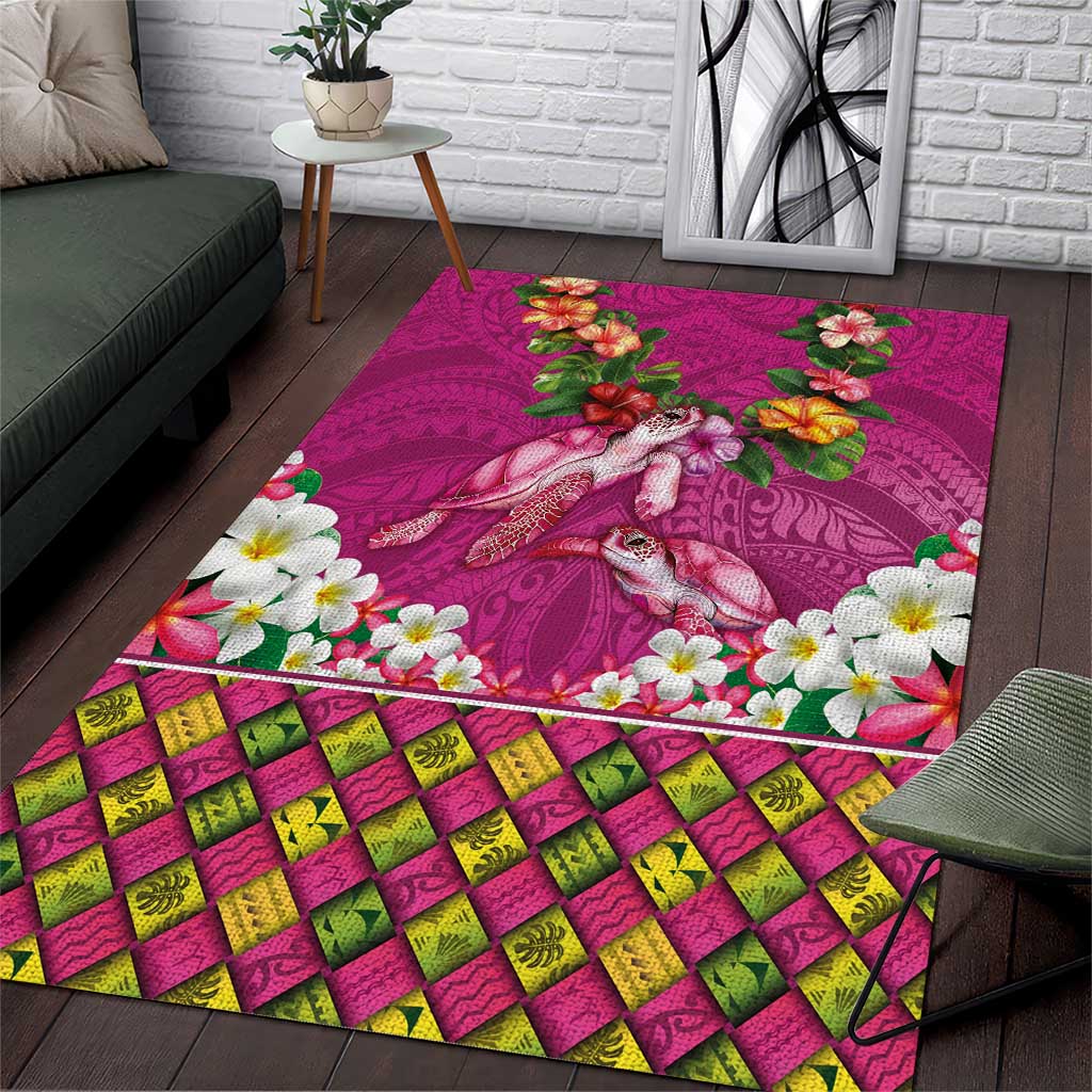 Hawaiian Lei Turtle and Plumeria Area Rug Polynerian Art Tattoo-Plum Pink Color