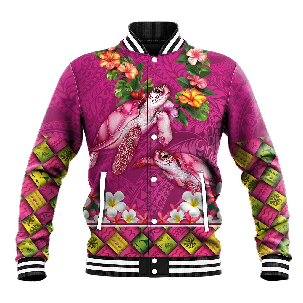 Hawaiian Lei Turtle and Plumeria Baseball Jacket Polynerian Art Tattoo-Plum Pink Color LT03 Unisex Pink - Polynesian Pride