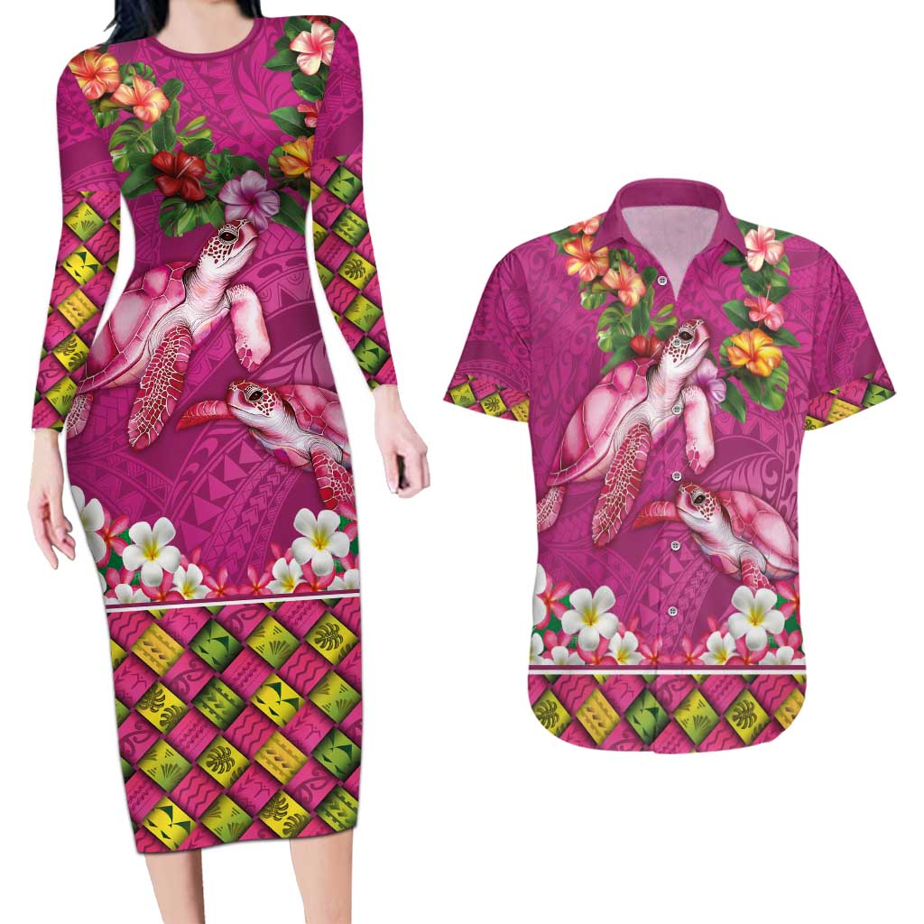 Hawaiian Lei Turtle and Plumeria Couples Matching Long Sleeve Bodycon Dress and Hawaiian Shirt Polynerian Art Tattoo-Plum Pink Color LT03 Pink - Polynesian Pride