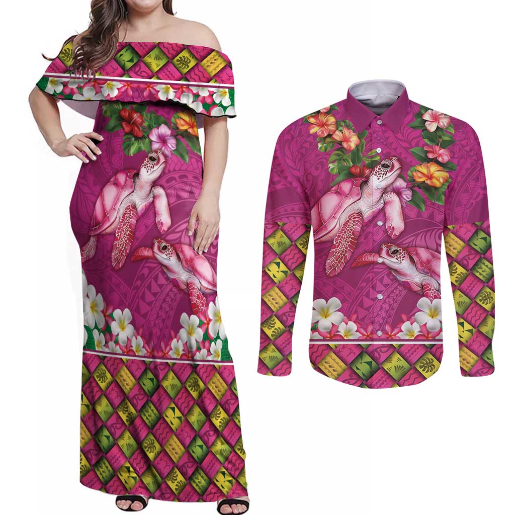 Hawaiian Lei Turtle and Plumeria Couples Matching Off Shoulder Maxi Dress and Long Sleeve Button Shirt Polynerian Art Tattoo-Plum Pink Color LT03 Pink - Polynesian Pride