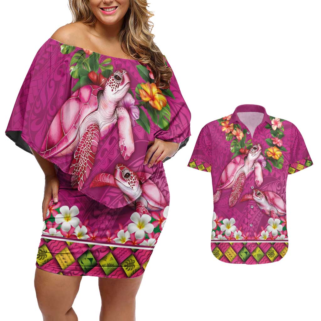 Hawaiian Lei Turtle and Plumeria Couples Matching Off Shoulder Short Dress and Hawaiian Shirt Polynerian Art Tattoo-Plum Pink Color LT03 Pink - Polynesian Pride