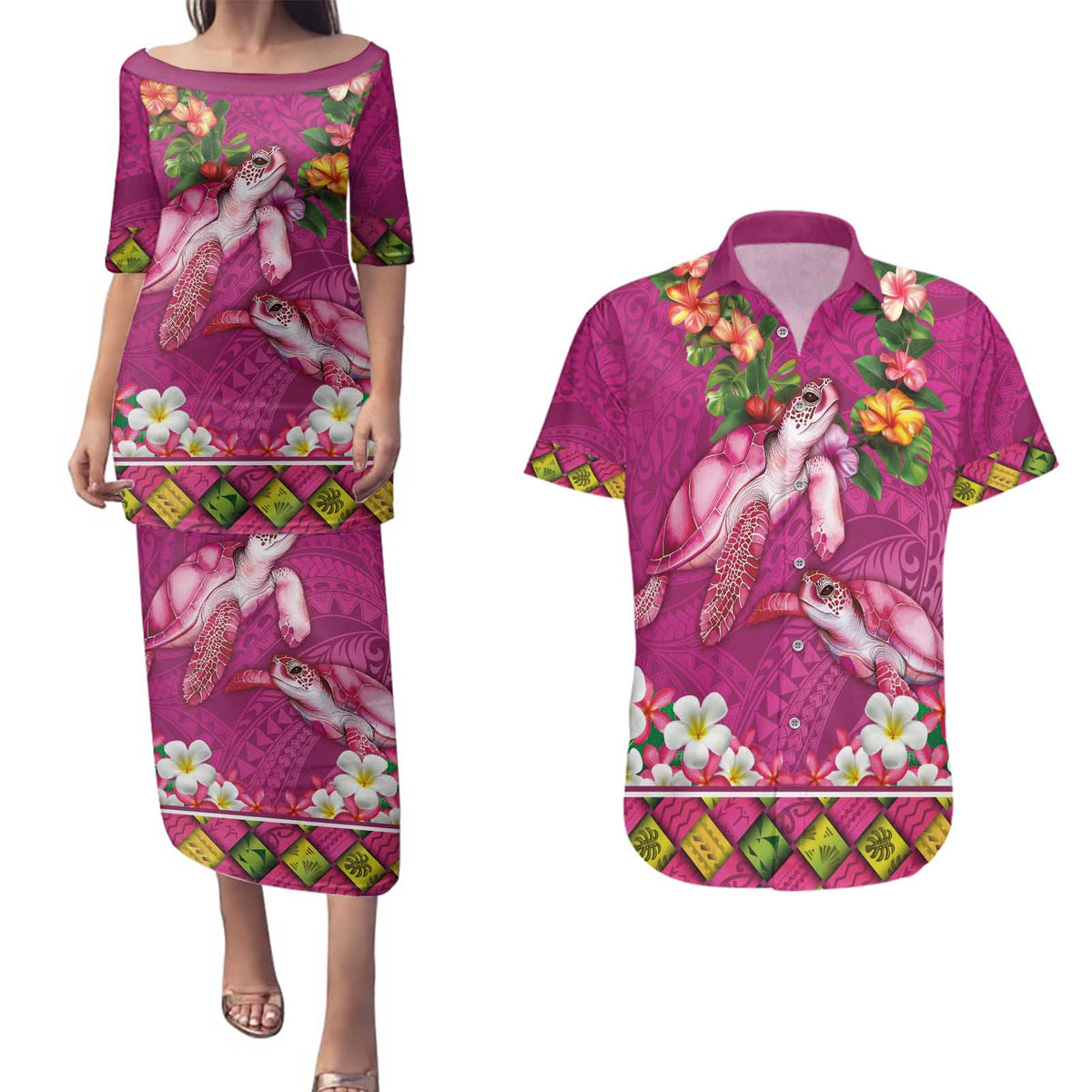 Hawaiian Lei Turtle and Plumeria Couples Matching Puletasi and Hawaiian Shirt Polynerian Art Tattoo-Plum Pink Color