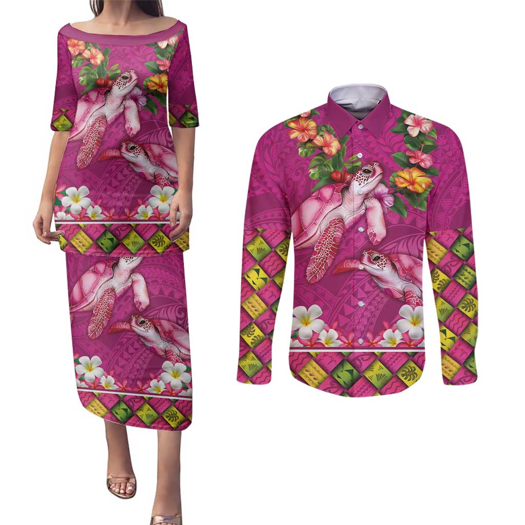 Hawaiian Lei Turtle and Plumeria Couples Matching Puletasi and Long Sleeve Button Shirt Polynerian Art Tattoo-Plum Pink Color