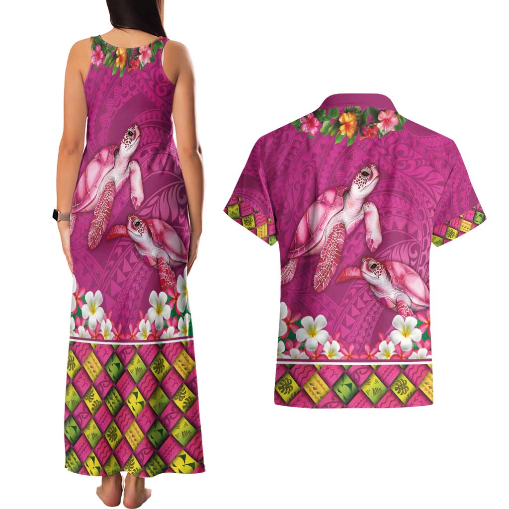 Hawaiian Lei Turtle and Plumeria Couples Matching Tank Maxi Dress and Hawaiian Shirt Polynerian Art Tattoo-Plum Pink Color