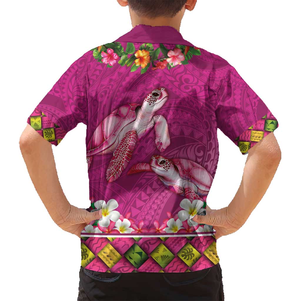 Hawaiian Lei Turtle and Plumeria Family Matching Long Sleeve Bodycon Dress and Hawaiian Shirt Polynerian Art Tattoo-Plum Pink Color
