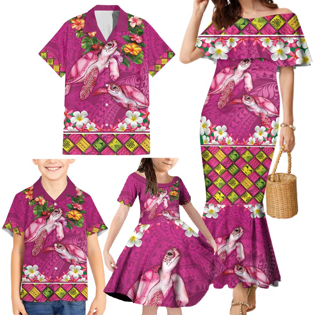 Hawaiian Lei Turtle and Plumeria Family Matching Mermaid Dress and Hawaiian Shirt Polynerian Art Tattoo-Plum Pink Color