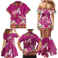 Hawaiian Lei Turtle and Plumeria Family Matching Mermaid Dress and Hawaiian Shirt Polynerian Art Tattoo-Plum Pink Color