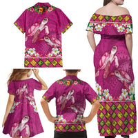 Hawaiian Lei Turtle and Plumeria Family Matching Off Shoulder Maxi Dress and Hawaiian Shirt Polynerian Art Tattoo-Plum Pink Color