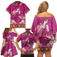 Hawaiian Lei Turtle and Plumeria Family Matching Off Shoulder Short Dress and Hawaiian Shirt Polynerian Art Tattoo-Plum Pink Color