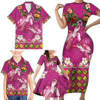 Hawaiian Lei Turtle and Plumeria Family Matching Short Sleeve Bodycon Dress and Hawaiian Shirt Polynerian Art Tattoo-Plum Pink Color