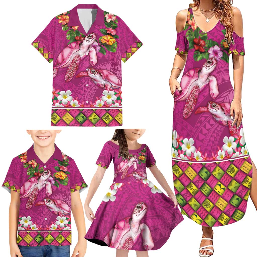 Hawaiian Lei Turtle and Plumeria Family Matching Summer Maxi Dress and Hawaiian Shirt Polynerian Art Tattoo-Plum Pink Color