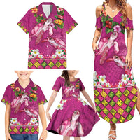 Hawaiian Lei Turtle and Plumeria Family Matching Summer Maxi Dress and Hawaiian Shirt Polynerian Art Tattoo-Plum Pink Color