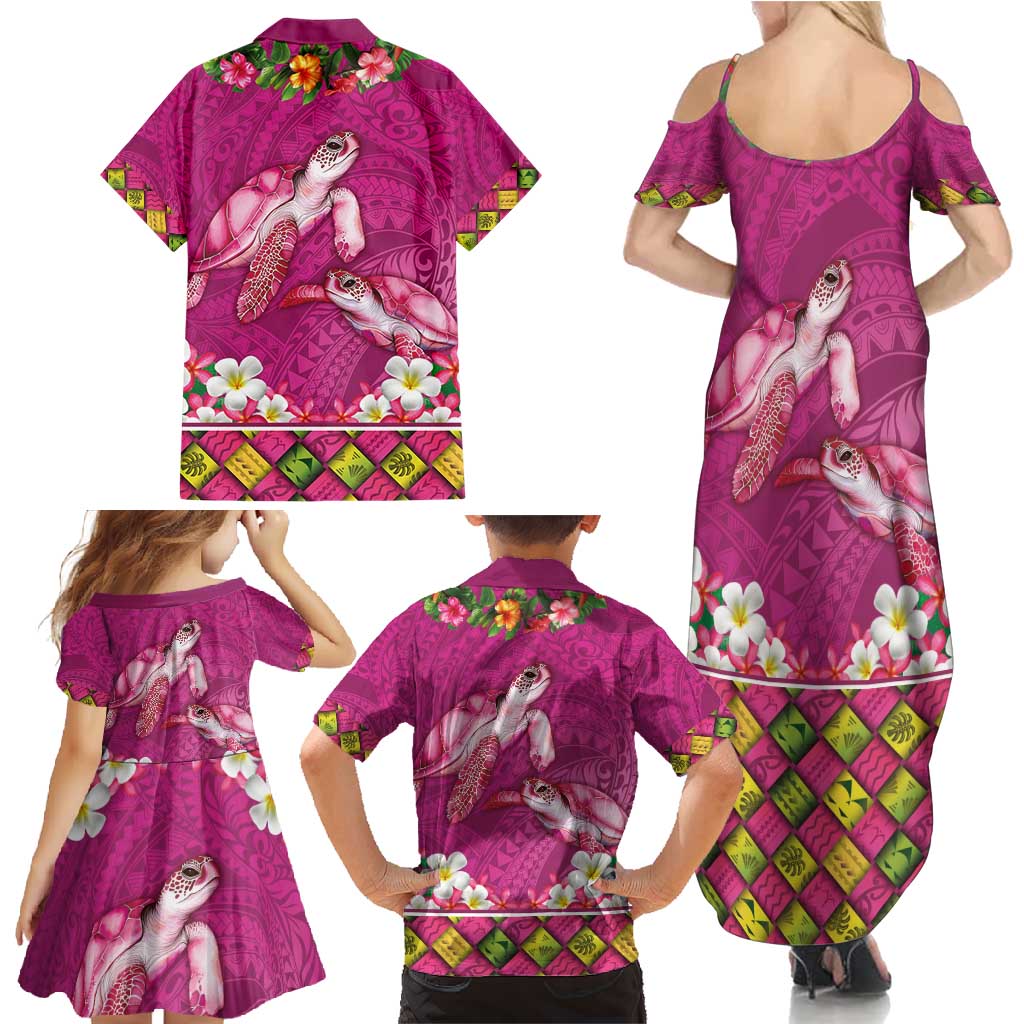 Hawaiian Lei Turtle and Plumeria Family Matching Summer Maxi Dress and Hawaiian Shirt Polynerian Art Tattoo-Plum Pink Color