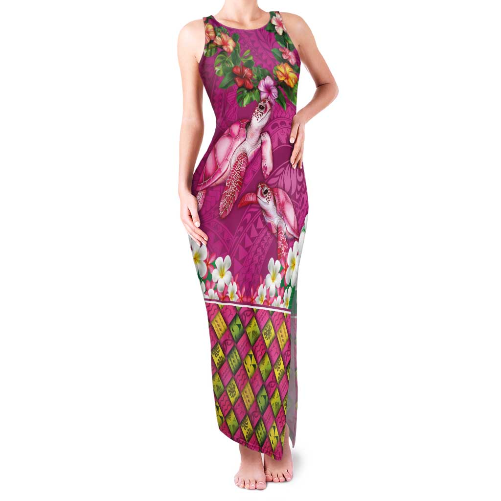 Hawaiian Lei Turtle and Plumeria Family Matching Tank Maxi Dress and Hawaiian Shirt Polynerian Art Tattoo-Plum Pink Color