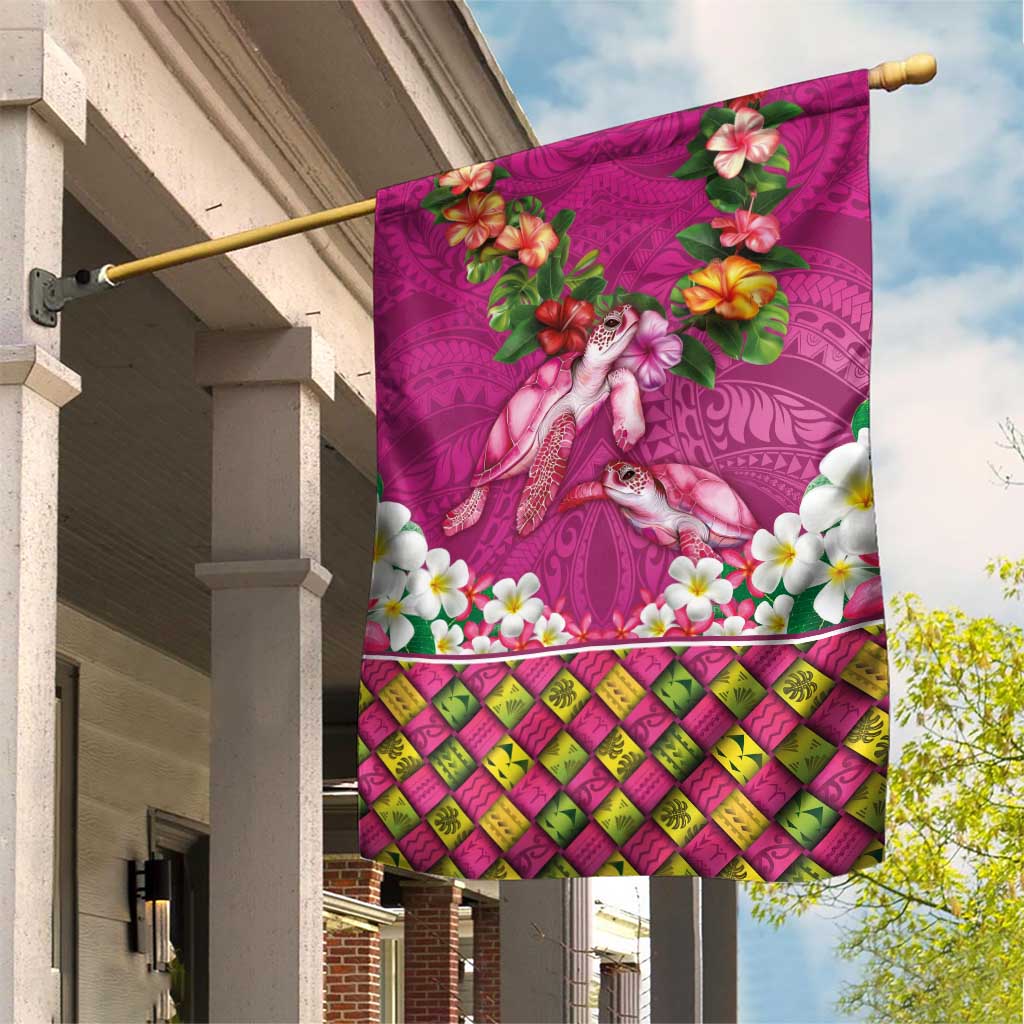 Hawaiian Lei Turtle and Plumeria Garden Flag Polynerian Art Tattoo-Plum Pink Color LT03 House Flag Pink - Polynesian Pride