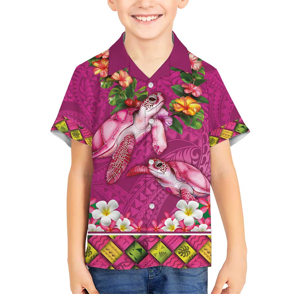 Hawaiian Lei Turtle and Plumeria Kid Hawaiian Shirt Polynerian Art Tattoo-Plum Pink Color