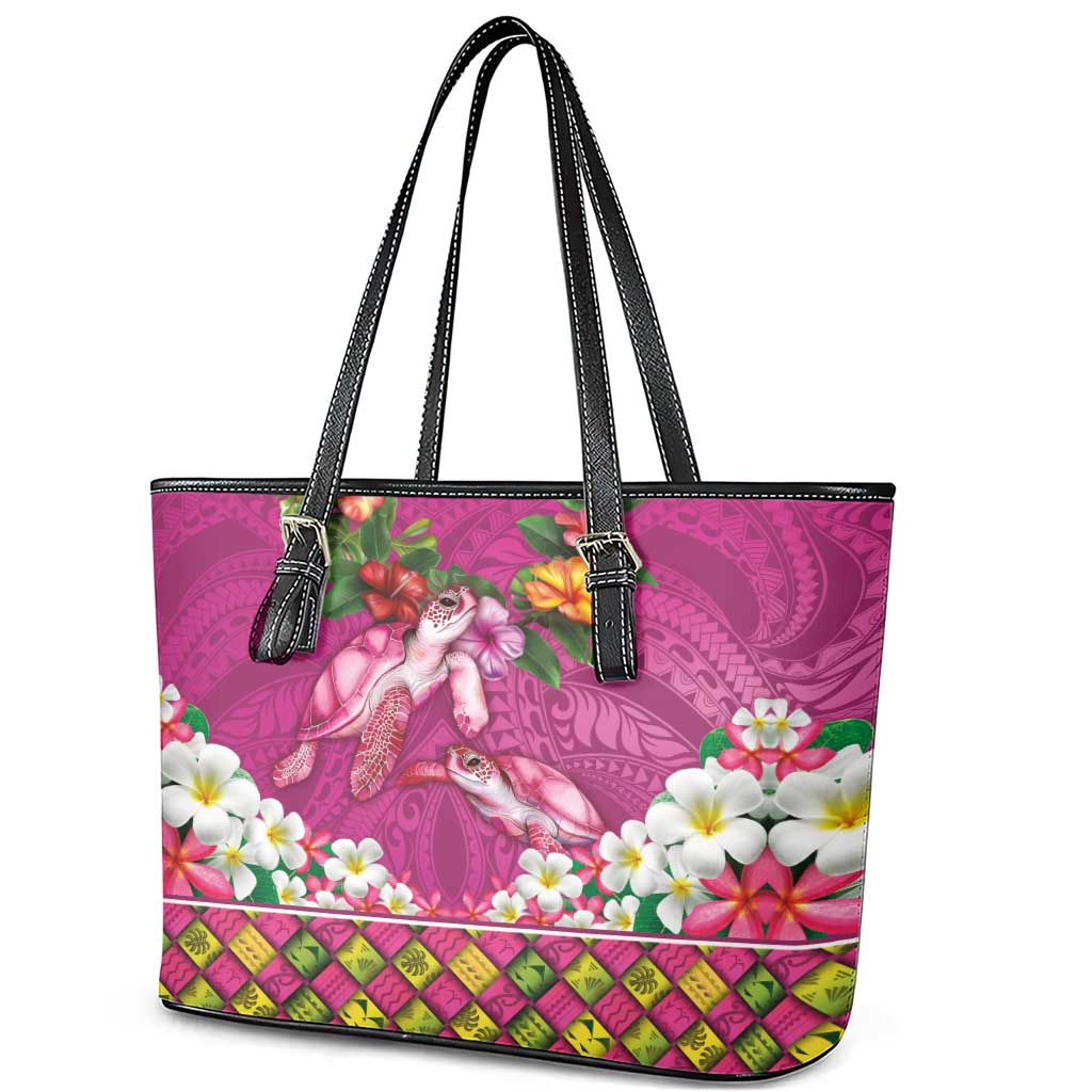 Hawaiian Lei Turtle and Plumeria Leather Tote Bag Polynerian Art Tattoo-Plum Pink Color