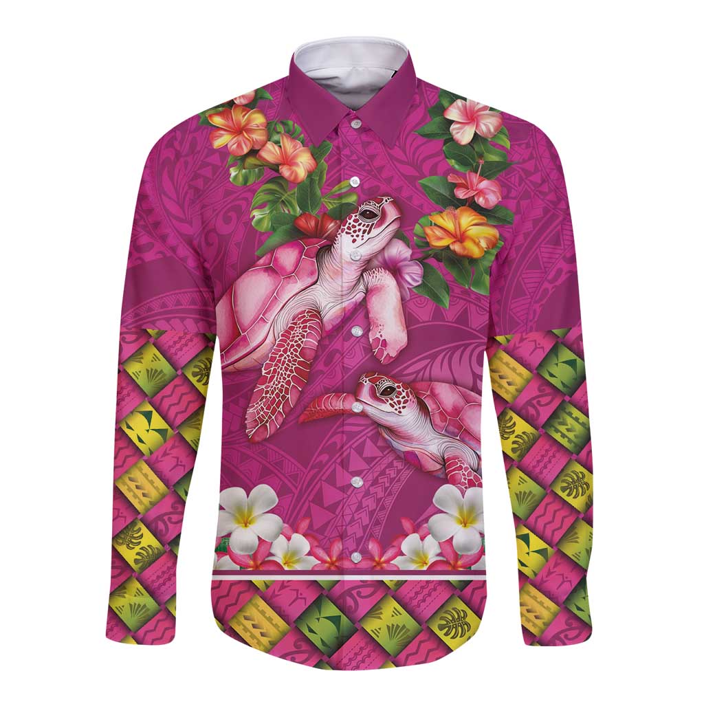 Hawaiian Lei Turtle and Plumeria Long Sleeve Button Shirt Polynerian Art Tattoo-Plum Pink Color LT03 Unisex Pink - Polynesian Pride