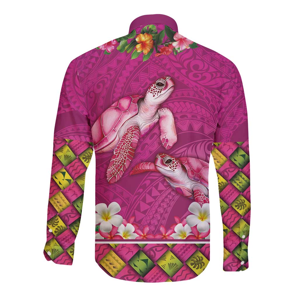 Hawaiian Lei Turtle and Plumeria Long Sleeve Button Shirt Polynerian Art Tattoo-Plum Pink Color LT03 - Polynesian Pride
