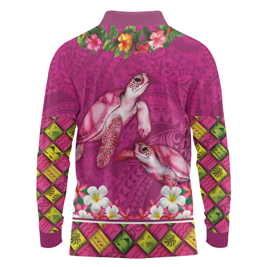 Hawaiian Lei Turtle and Plumeria Long Sleeve Polo Shirt Polynerian Art Tattoo-Plum Pink Color