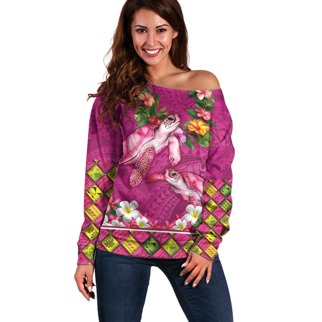 Hawaiian Lei Turtle and Plumeria Off Shoulder Sweater Polynerian Art Tattoo-Plum Pink Color