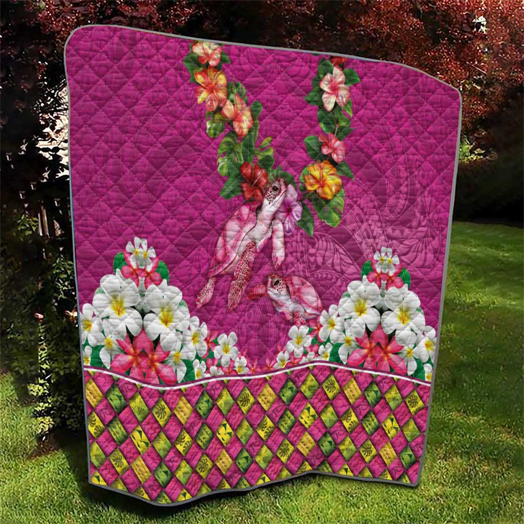 Hawaiian Lei Turtle and Plumeria Quilt Polynerian Art Tattoo-Plum Pink Color