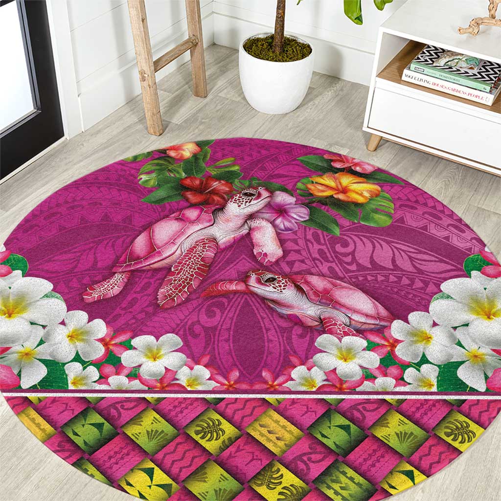 Hawaiian Lei Turtle and Plumeria Round Carpet Polynerian Art Tattoo-Plum Pink Color