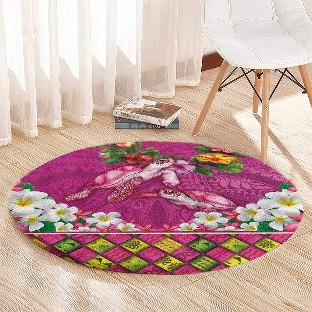 Hawaiian Lei Turtle and Plumeria Round Carpet Polynerian Art Tattoo-Plum Pink Color