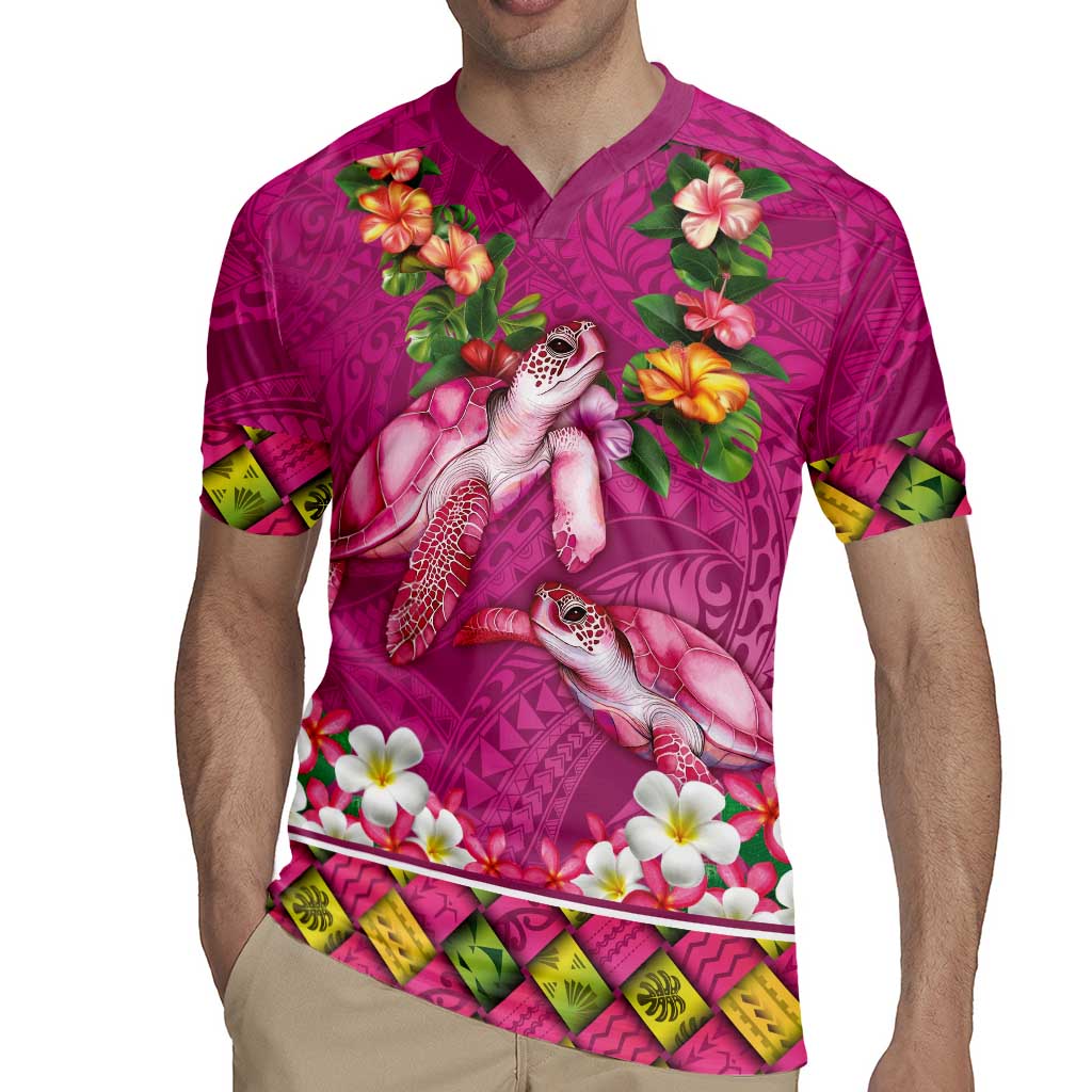 Hawaiian Lei Turtle and Plumeria Rugby Jersey Polynerian Art Tattoo-Plum Pink Color