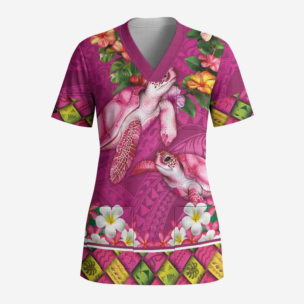 Hawaiian Lei Turtle and Plumeria Scrub Top Polynerian Art Tattoo-Plum Pink Color - Polynesian Pride