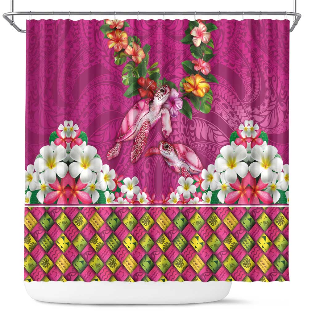 Hawaiian Lei Turtle and Plumeria Shower Curtain Polynerian Art Tattoo-Plum Pink Color