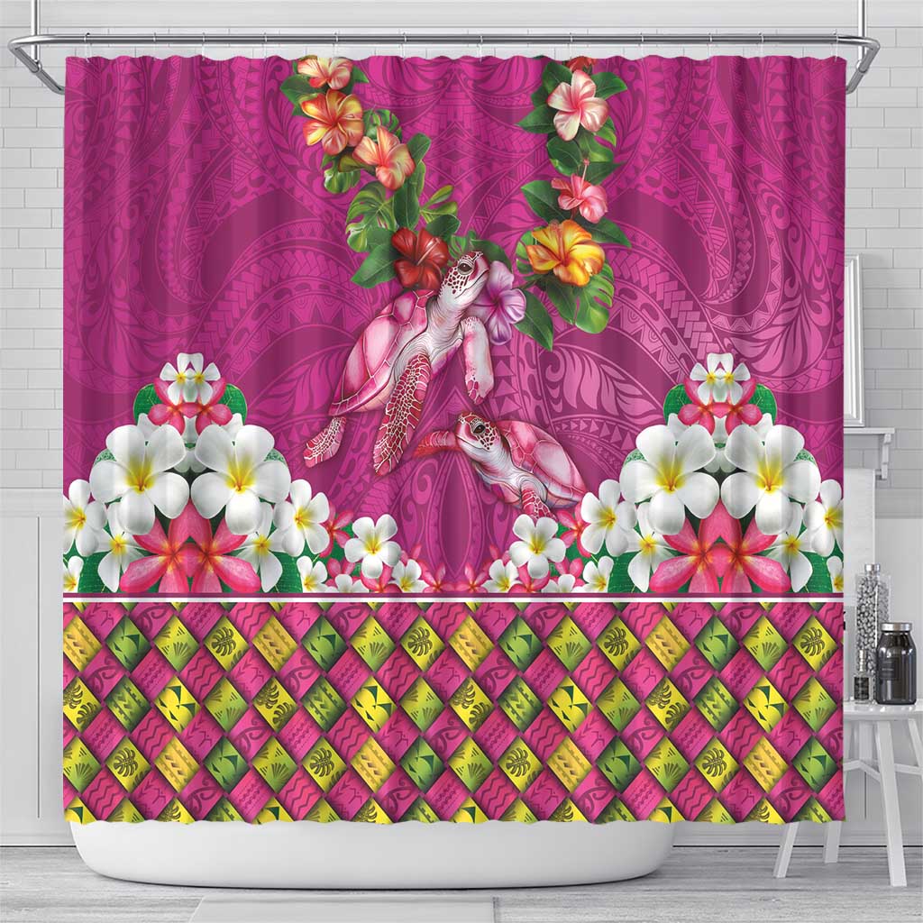 Hawaiian Lei Turtle and Plumeria Shower Curtain Polynerian Art Tattoo-Plum Pink Color