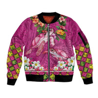 Hawaiian Lei Turtle and Plumeria Sleeve Zip Bomber Jacket Polynerian Art Tattoo-Plum Pink Color