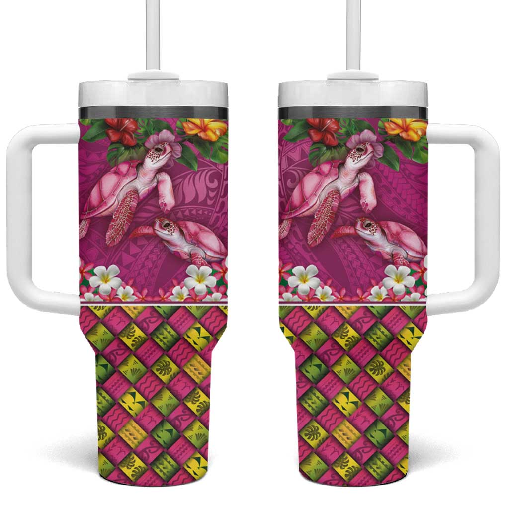 Hawaiian Lei Turtle and Plumeria Tumbler With Handle Polynerian Art Tattoo-Plum Pink Color LT03 One Size: 40 oz Pink - Polynesian Pride