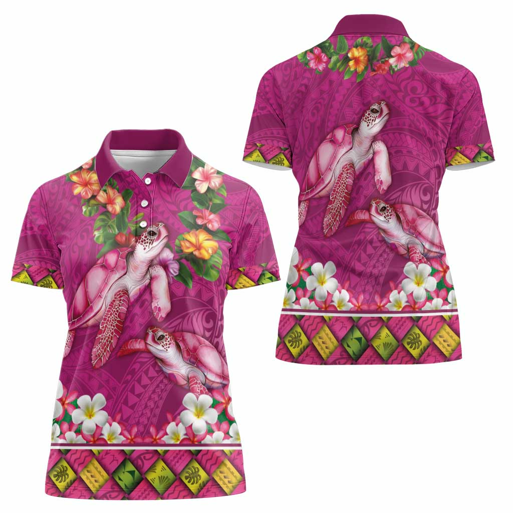 Hawaiian Lei Turtle and Plumeria Women Polo Shirt Polynerian Art Tattoo-Plum Pink Color