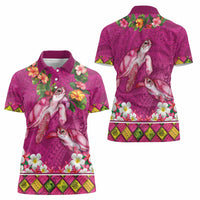 Hawaiian Lei Turtle and Plumeria Women Polo Shirt Polynerian Art Tattoo-Plum Pink Color