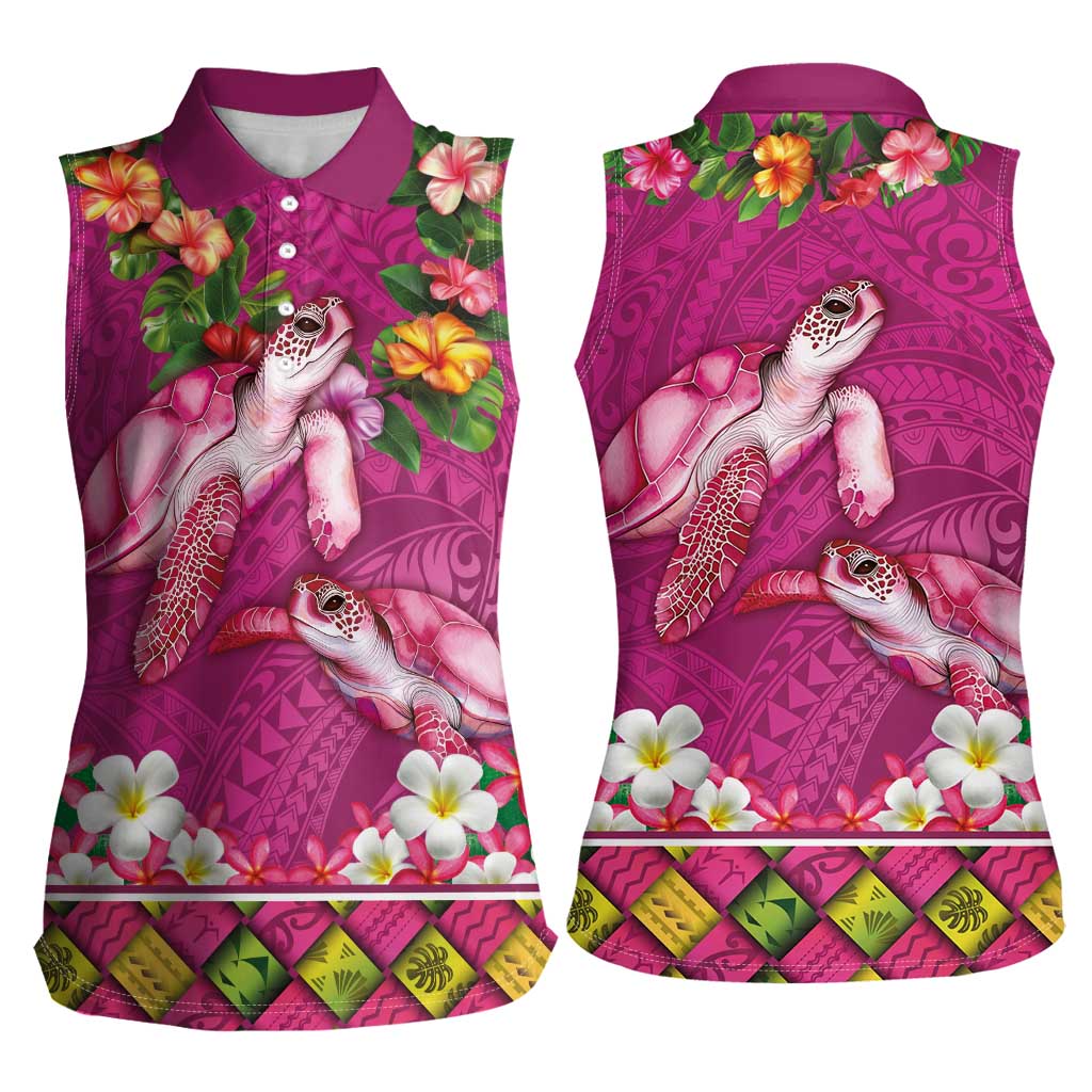 Hawaiian Lei Turtle and Plumeria Women Sleeveless Polo Shirt Polynerian Art Tattoo-Plum Pink Color